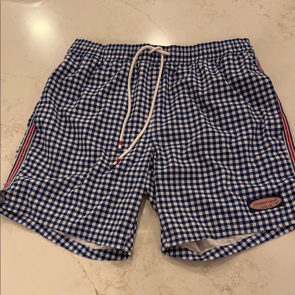 Vineyard Vines Navy and White Gingham Swim Trunks